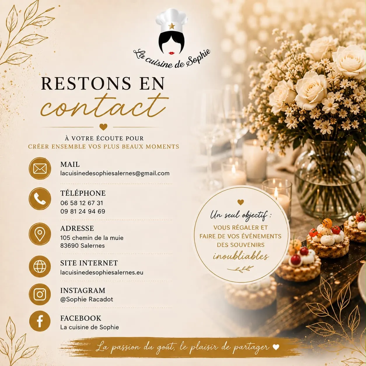 Carte de contact de La cuisine de Sophie, traiteur à Salernes