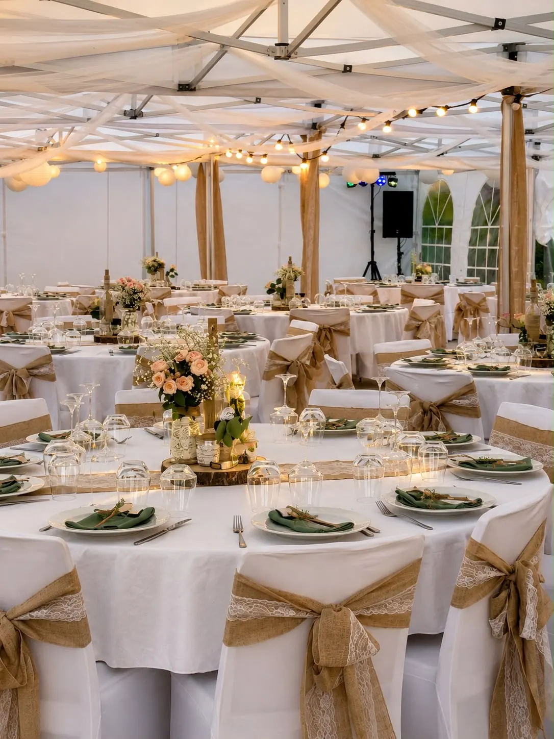 Salle de mariage sous chapiteau, tables rondes dressées et chaises habillées de lin