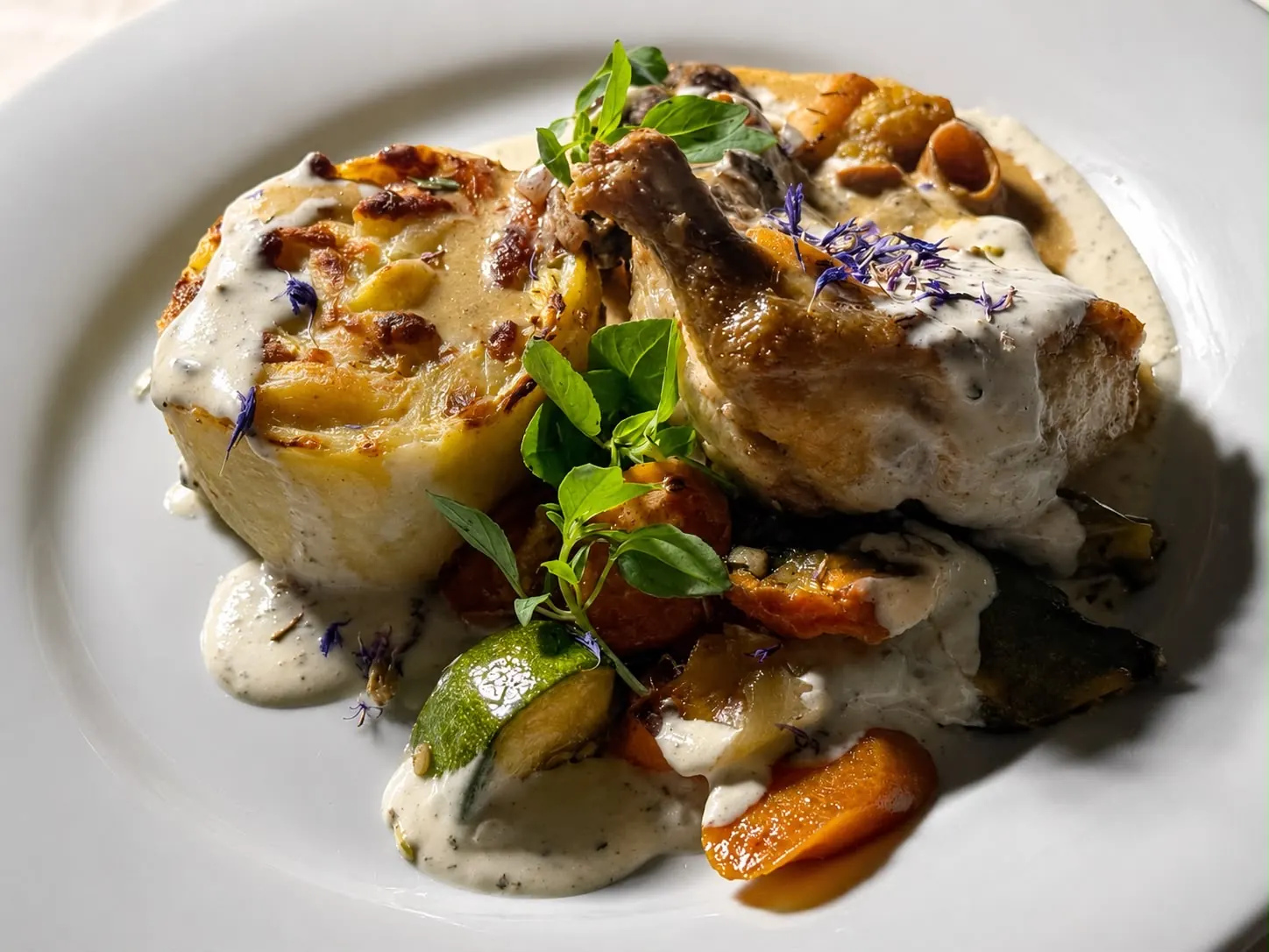 Volaille en sauce crémeuse et légumes rôtis